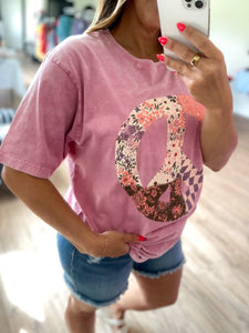 Boho Peace Floral Graphic Tee - Pink