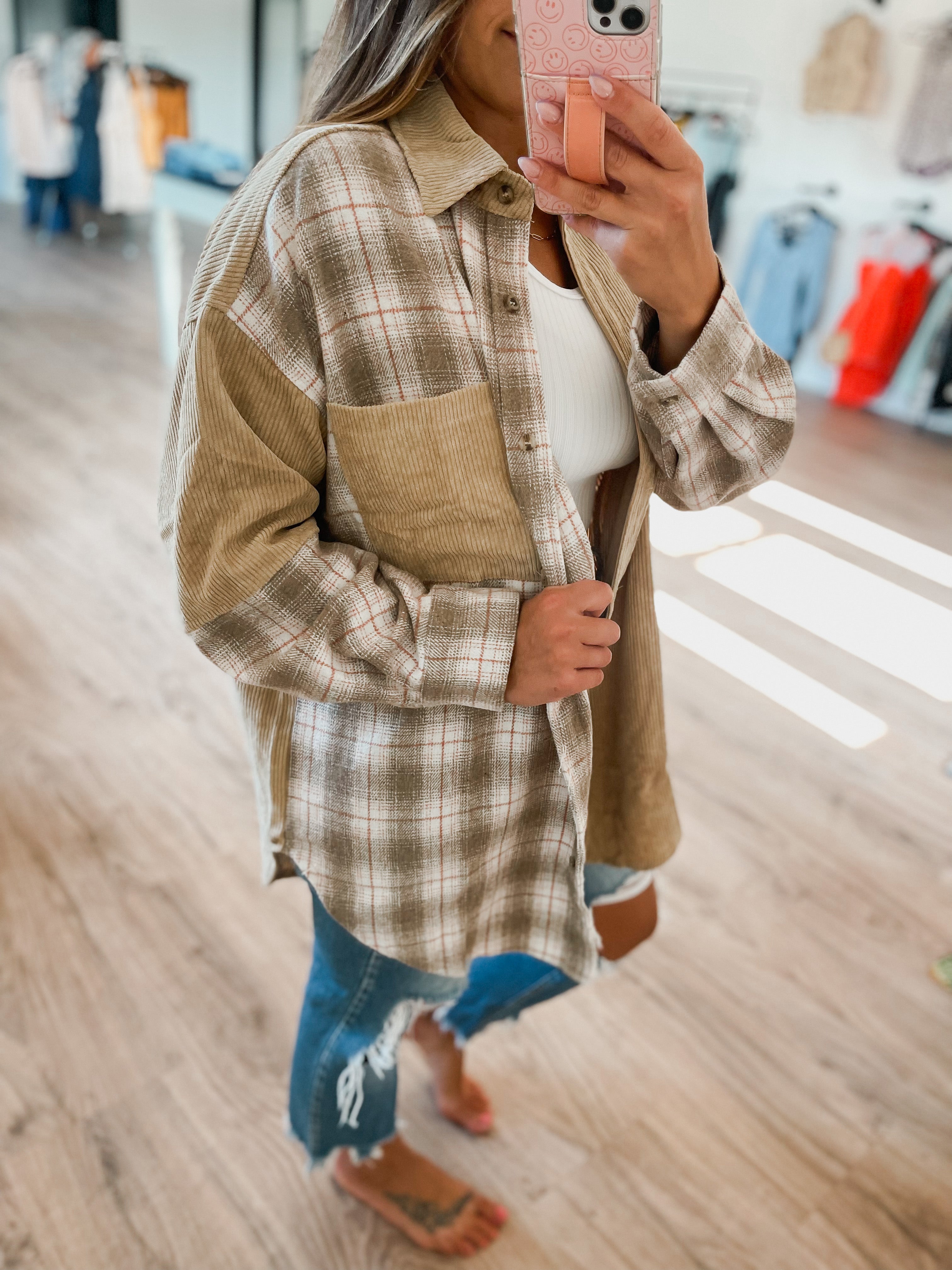 Claire CURVY Plaid Shacket - Khaki/Light Mocha