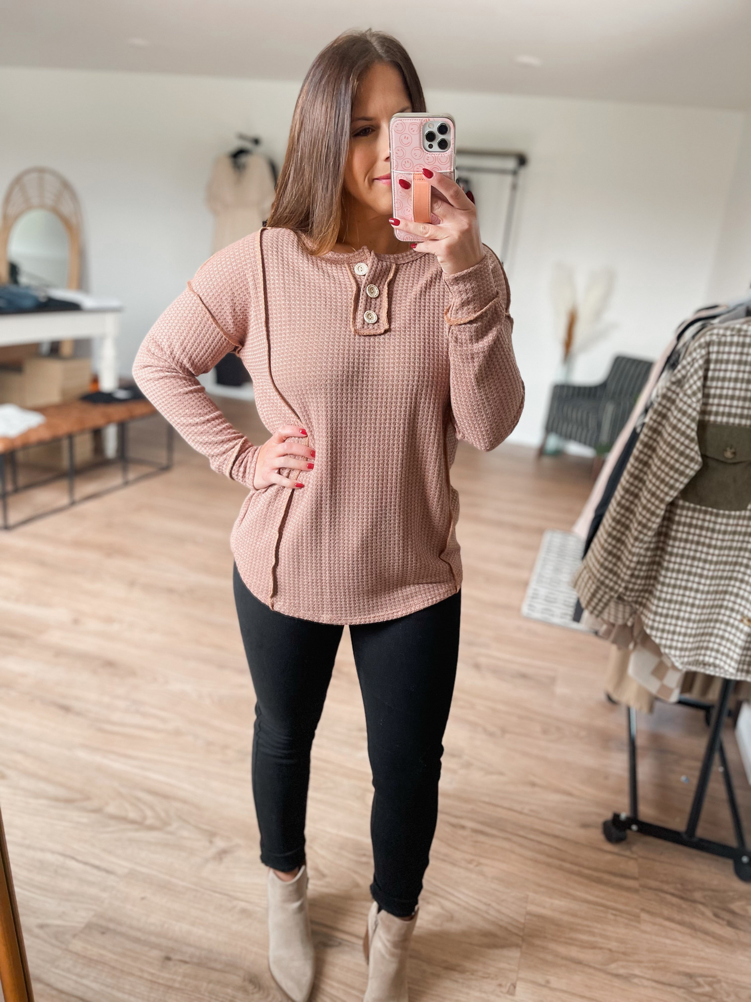 Kate Waffle Knit Button Top - Camel