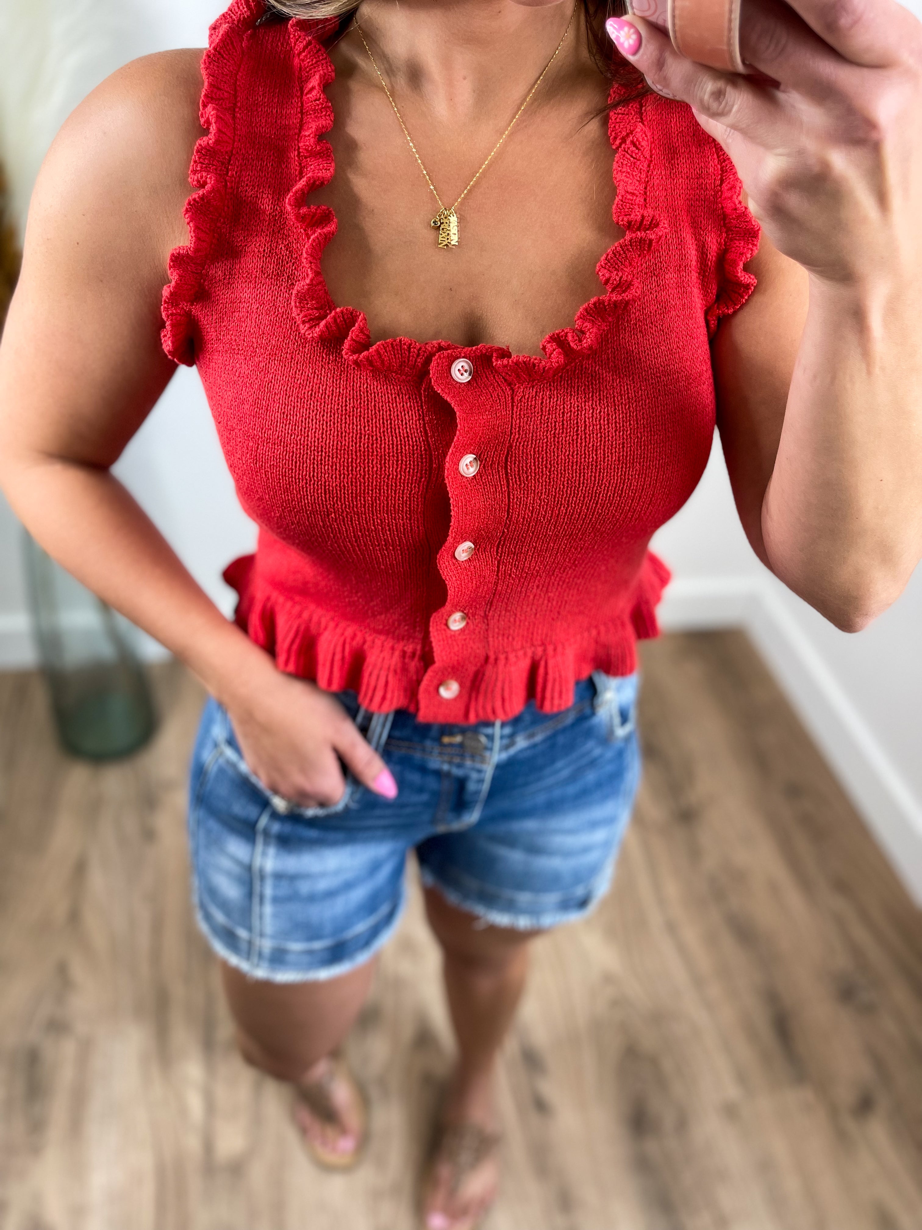 Frilled Knit Tank - Red