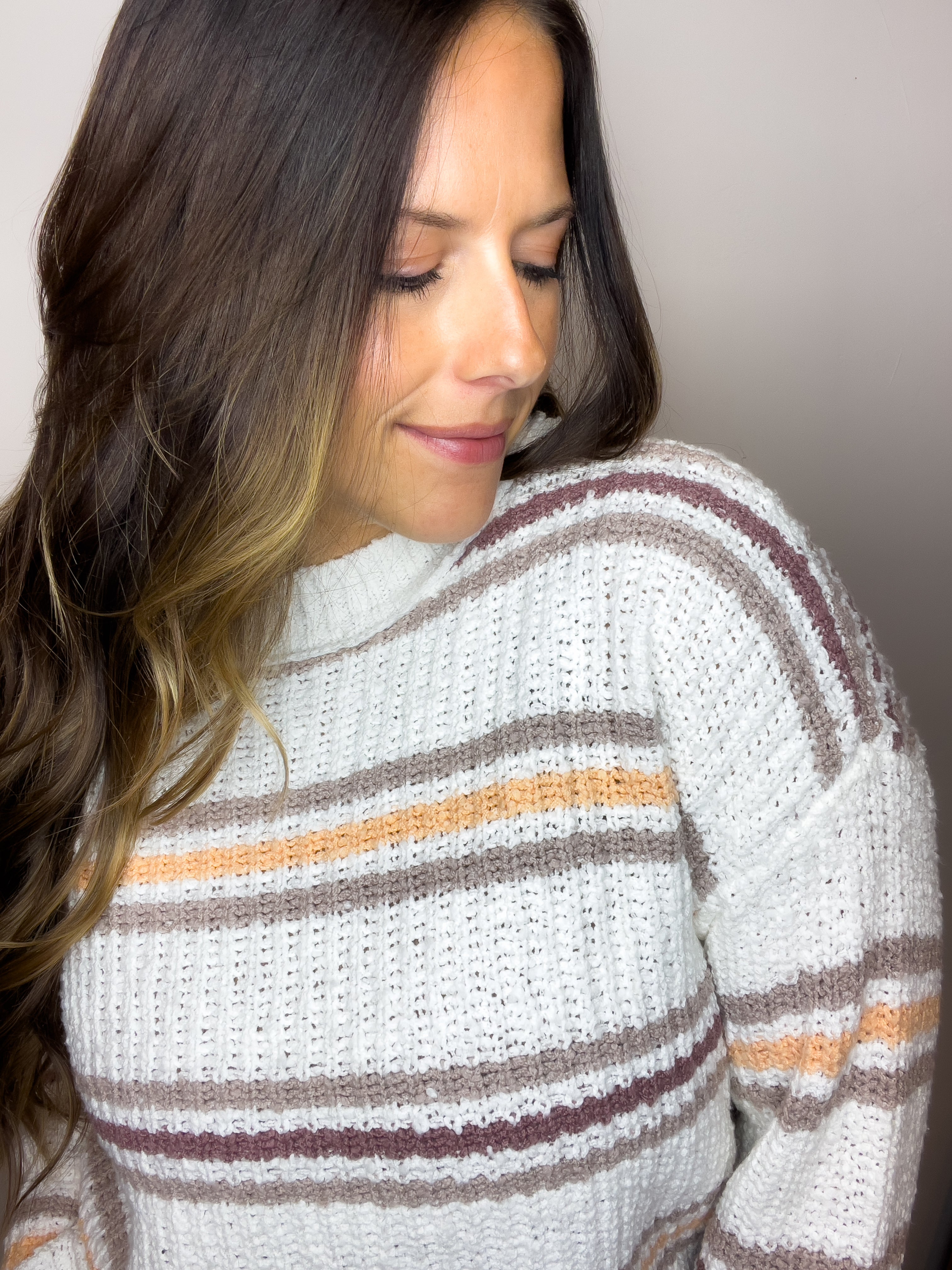 Knit Striped Sweater Long Sleeve Mock Neck Pullover