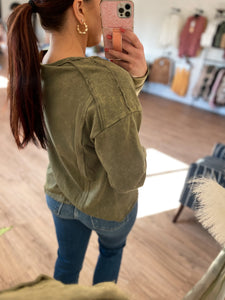 Vintage Mineral Washed Solid Casual Knit Top - Olive