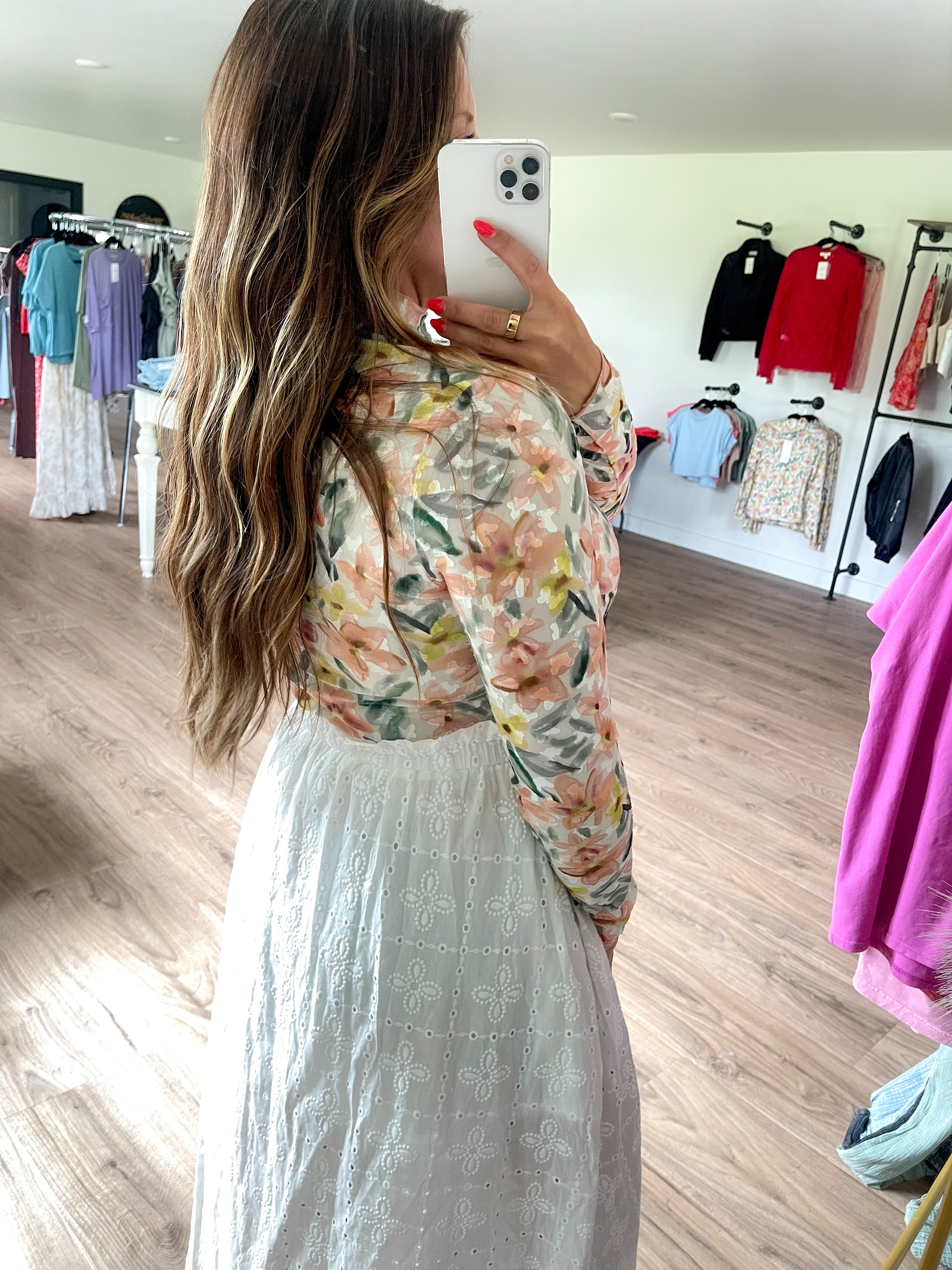 Salmon Floral Print Mesh Top