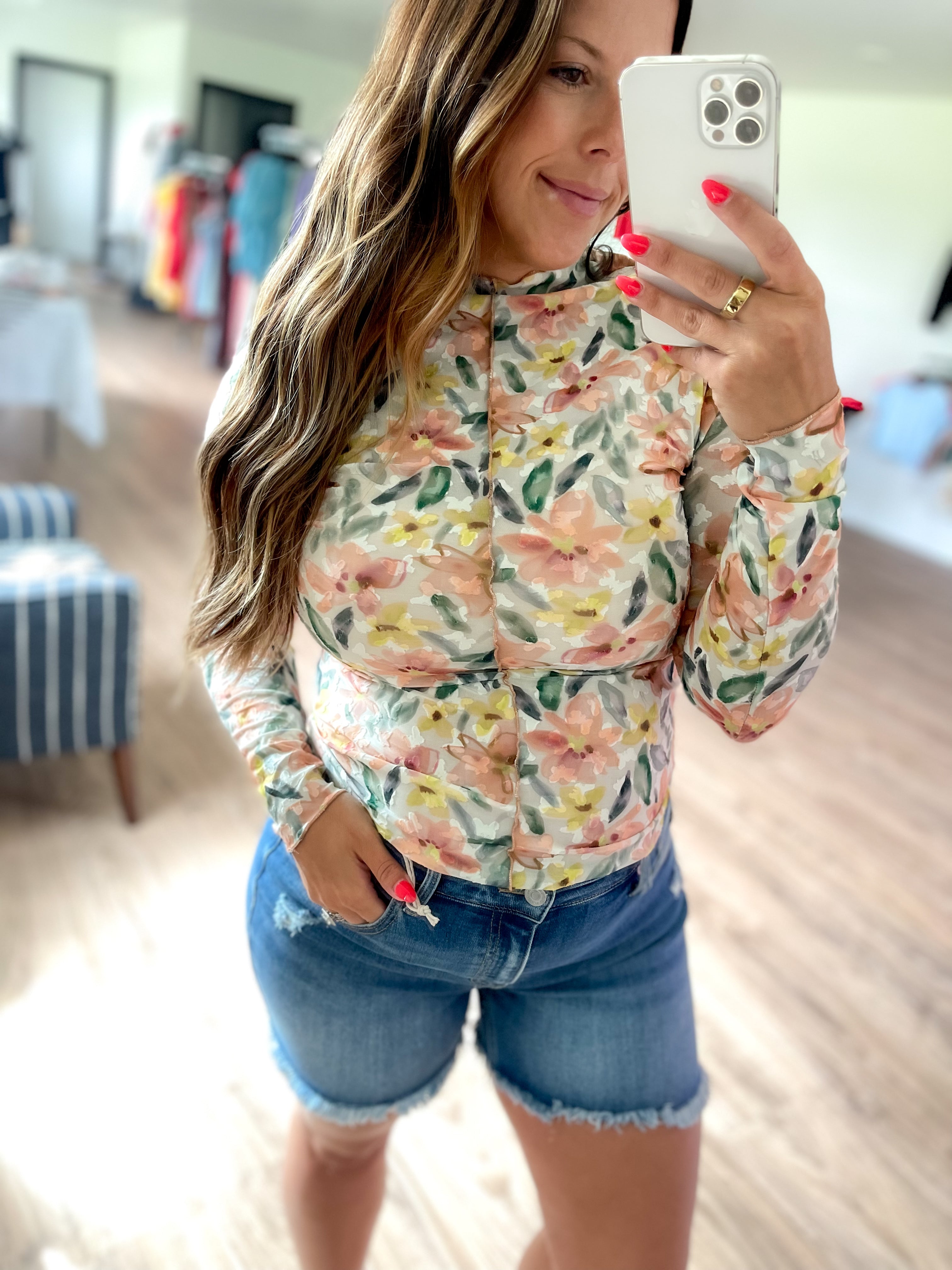 Salmon Floral Print Mesh Top