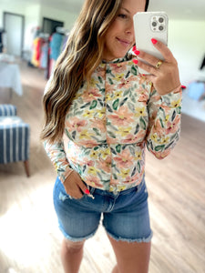 Salmon Floral Print Mesh Top