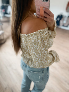 Off Shoulder Floral Print Blouse - Khaki/Ivory