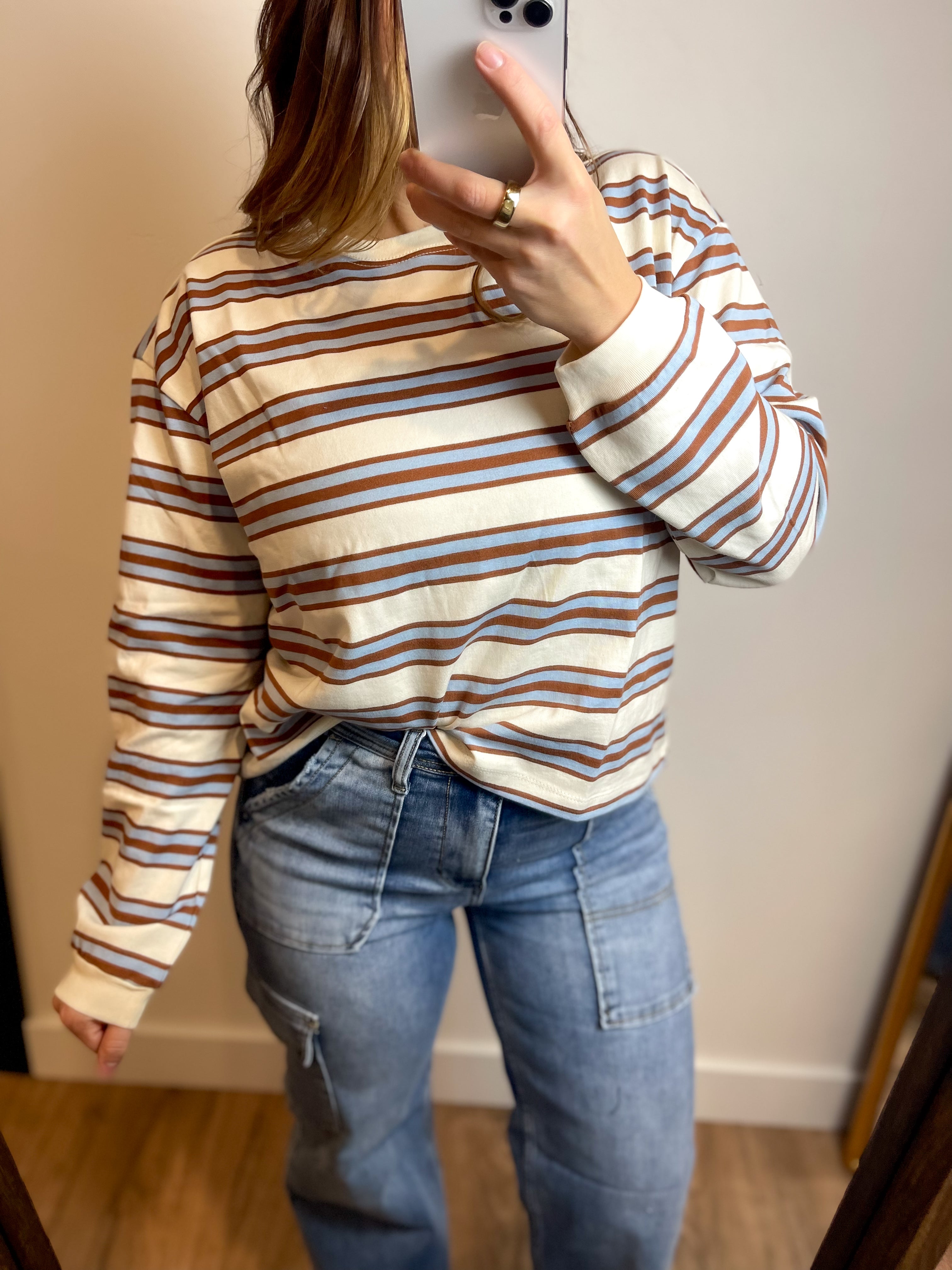 Knit Cotton Multicolor Stripe Crew Neck - Blue Camel