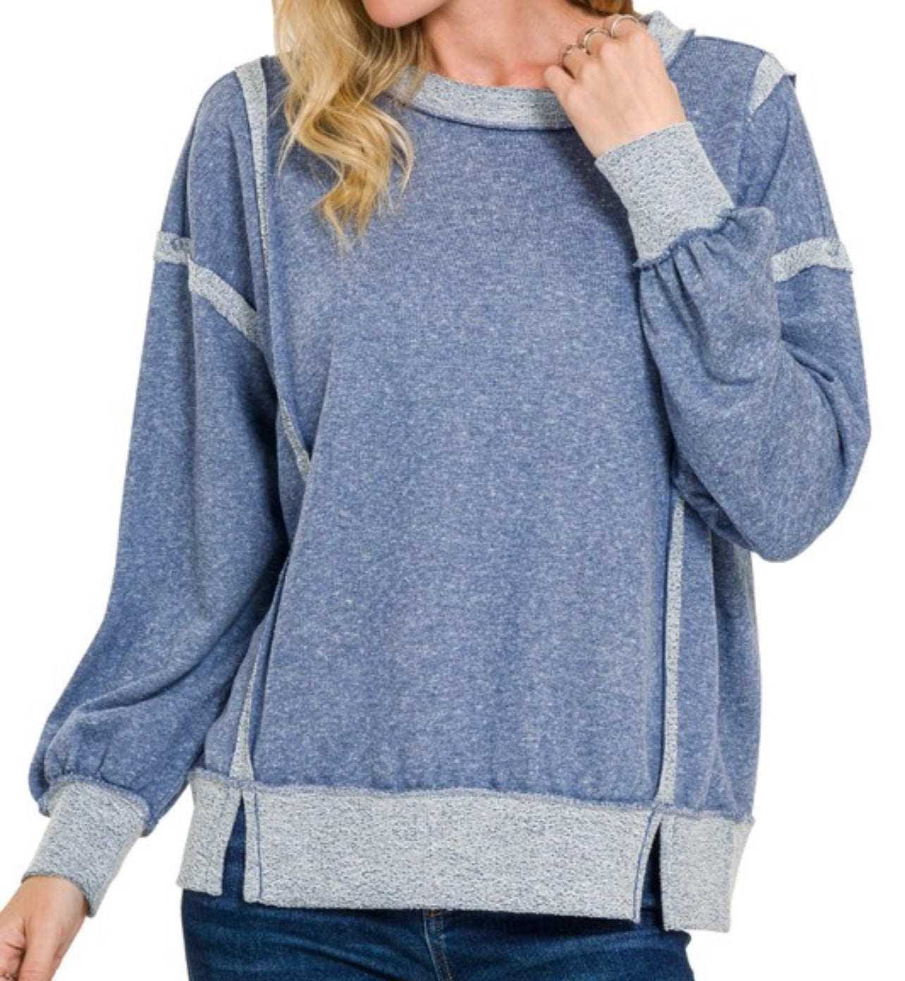 ** DOORBUSTER ** CURVY Exposed Seam Sweatshirt - Light Navy