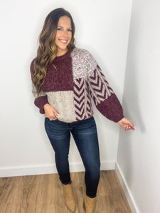 Poppy Colorblock Chevron Knit Sweater - Wine