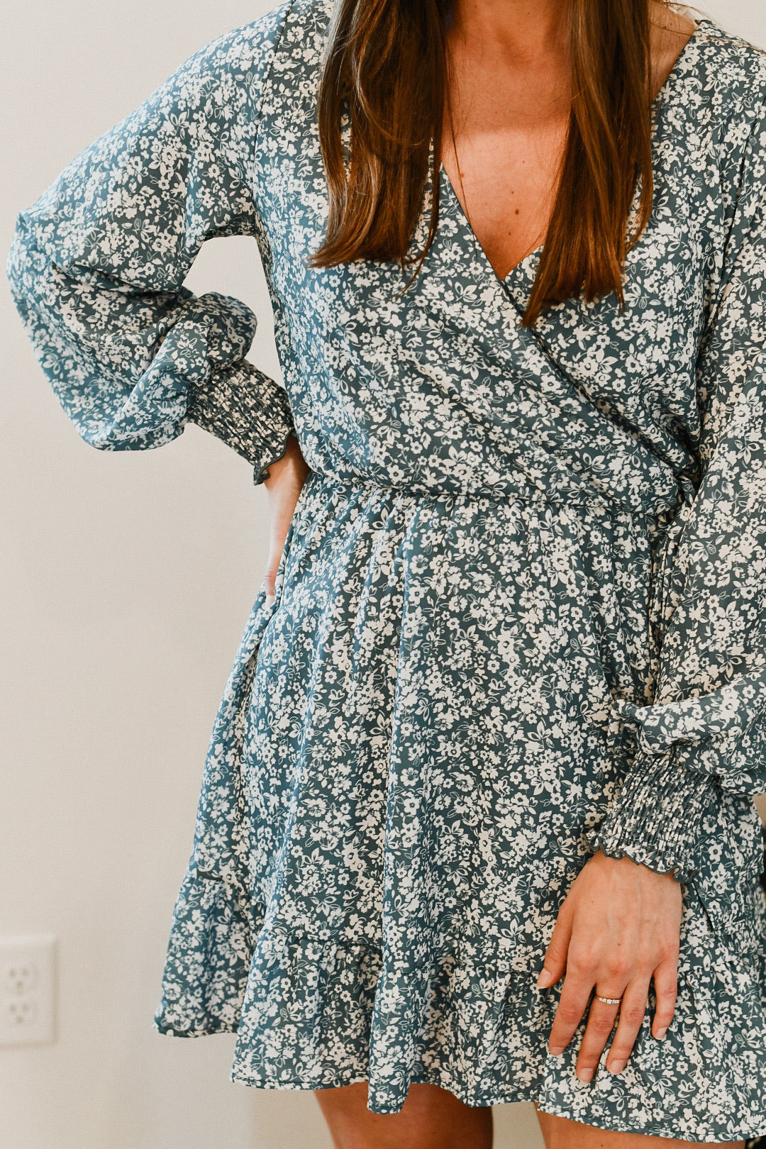 Blissful Floral Print Mini Dress - Teal/Cream
