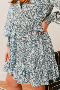Blissful Floral Print Mini Dress - Teal/Cream