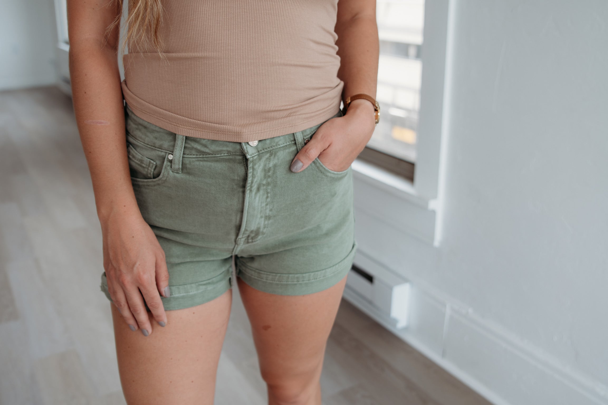 Olive High Rise Denim Shorts