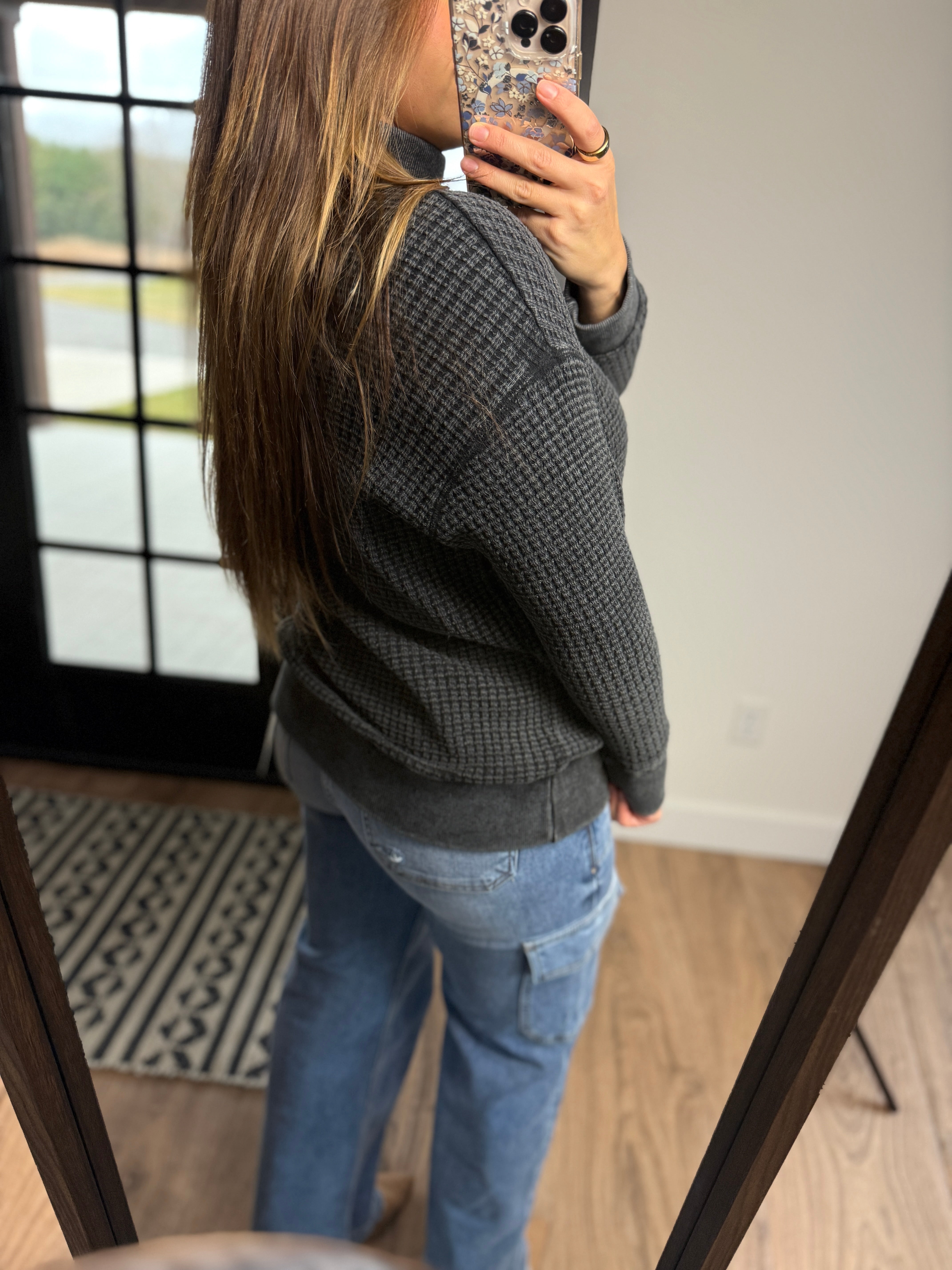 Chunky Waffle Mock Neck Sweater - Black