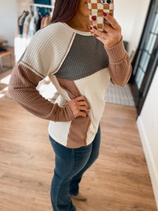 Bibi Waffle Knit Colorblock Top - Ivory/Olive/Camel