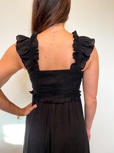Flutter Sleeved Smocked Midi Dress - Black