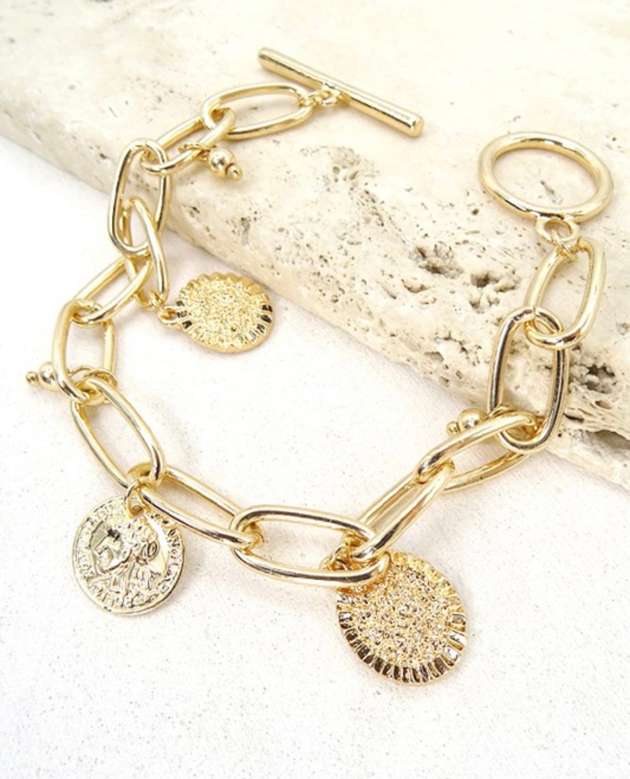 Paperclip Chain Link Bracelet with Charms - Gold