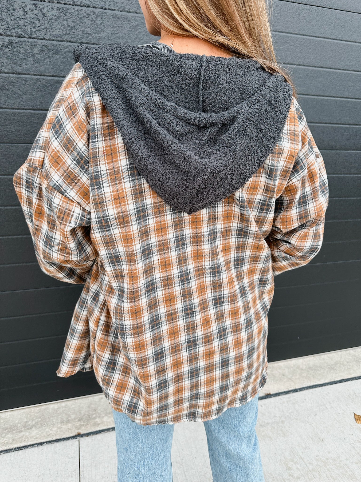 Checkered Print Hooded Button Up - Camel/Gray