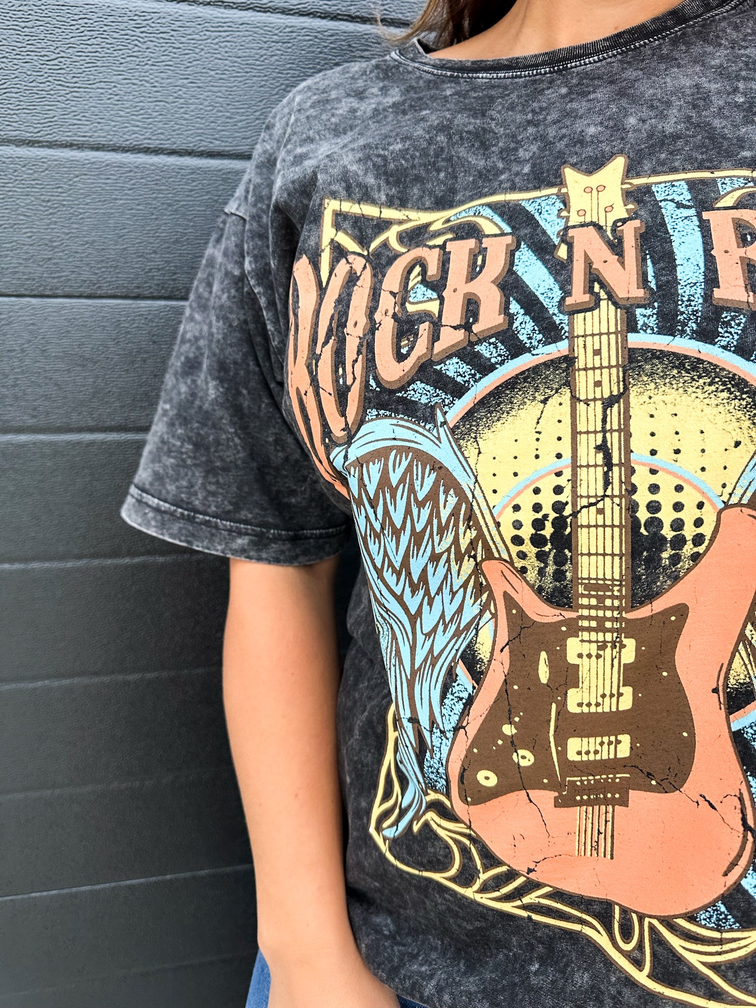 Guitar Angel Wing Rock N Roll Graphic Tee - Washed Black