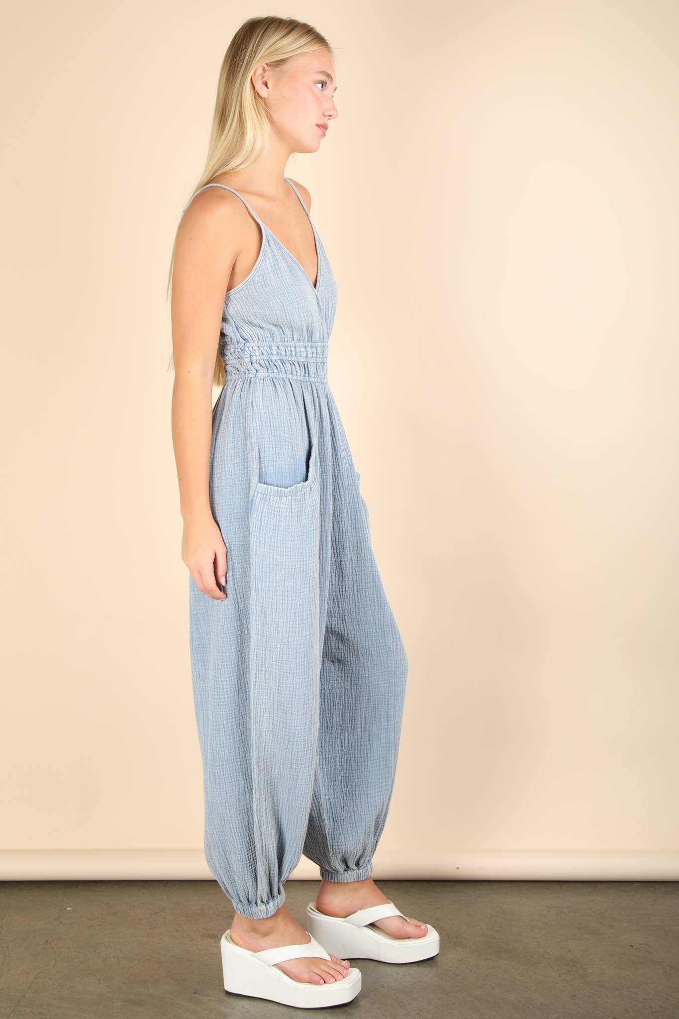 Morgan Mineral Washed Cotton Gauze Casual Jumpsuit - Denim Blue