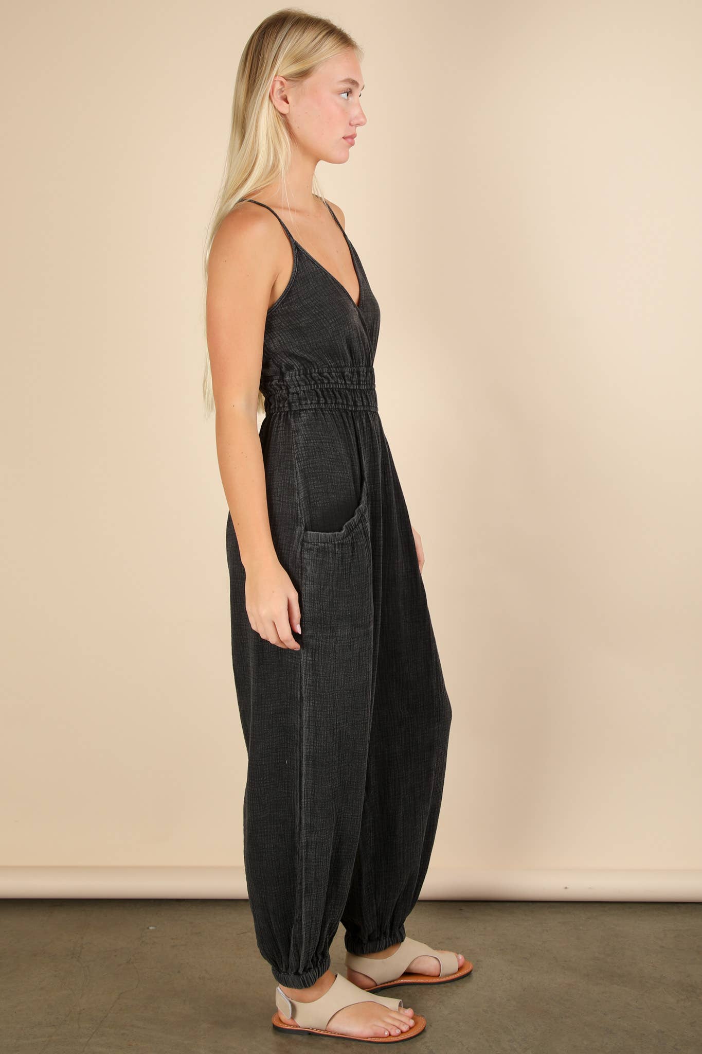 Morgan Mineral Washed Cotton Gauze Casual Jumpsuit - Black