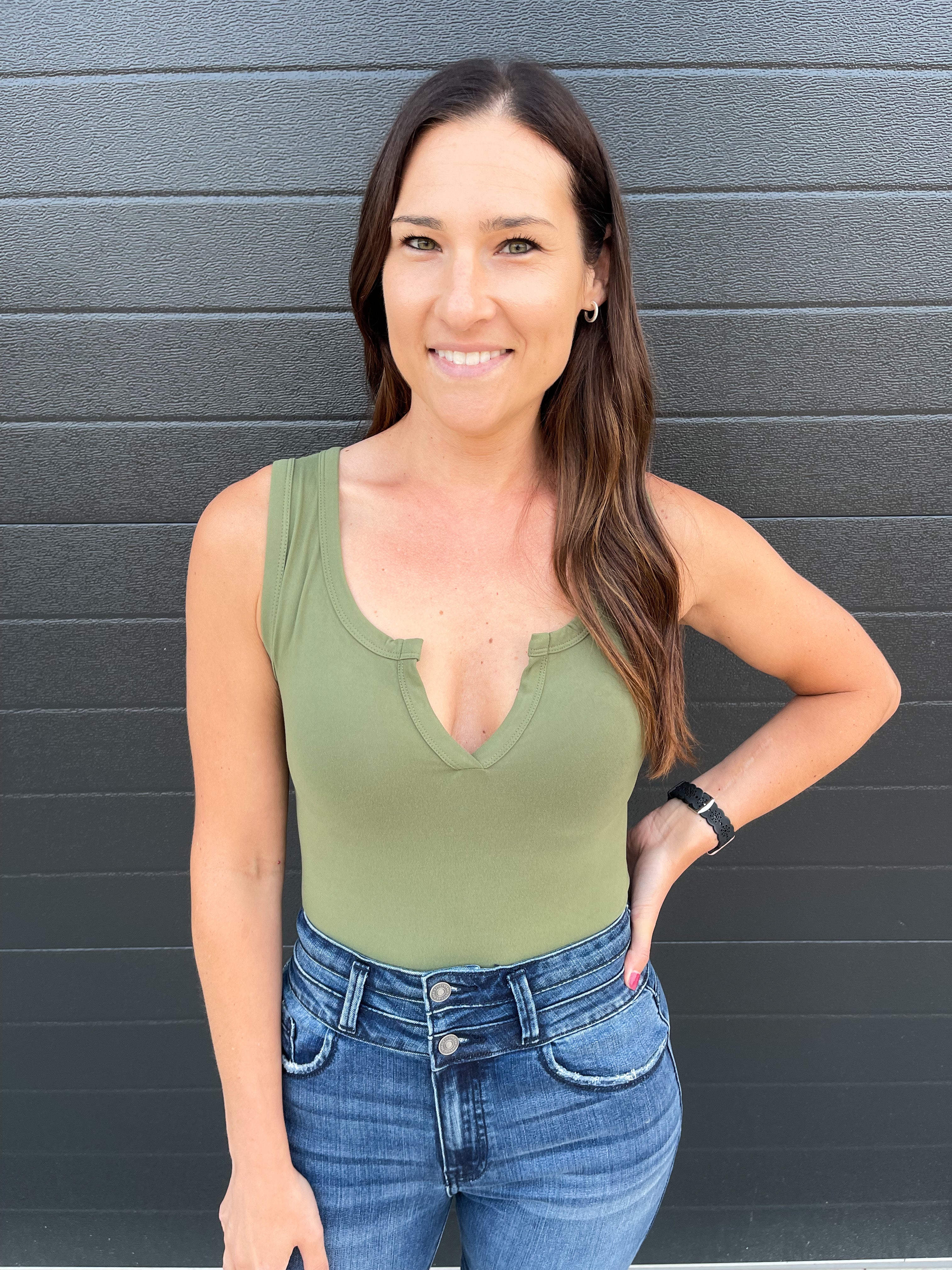 Brianna Split Neck Bodysuit - Light Olive