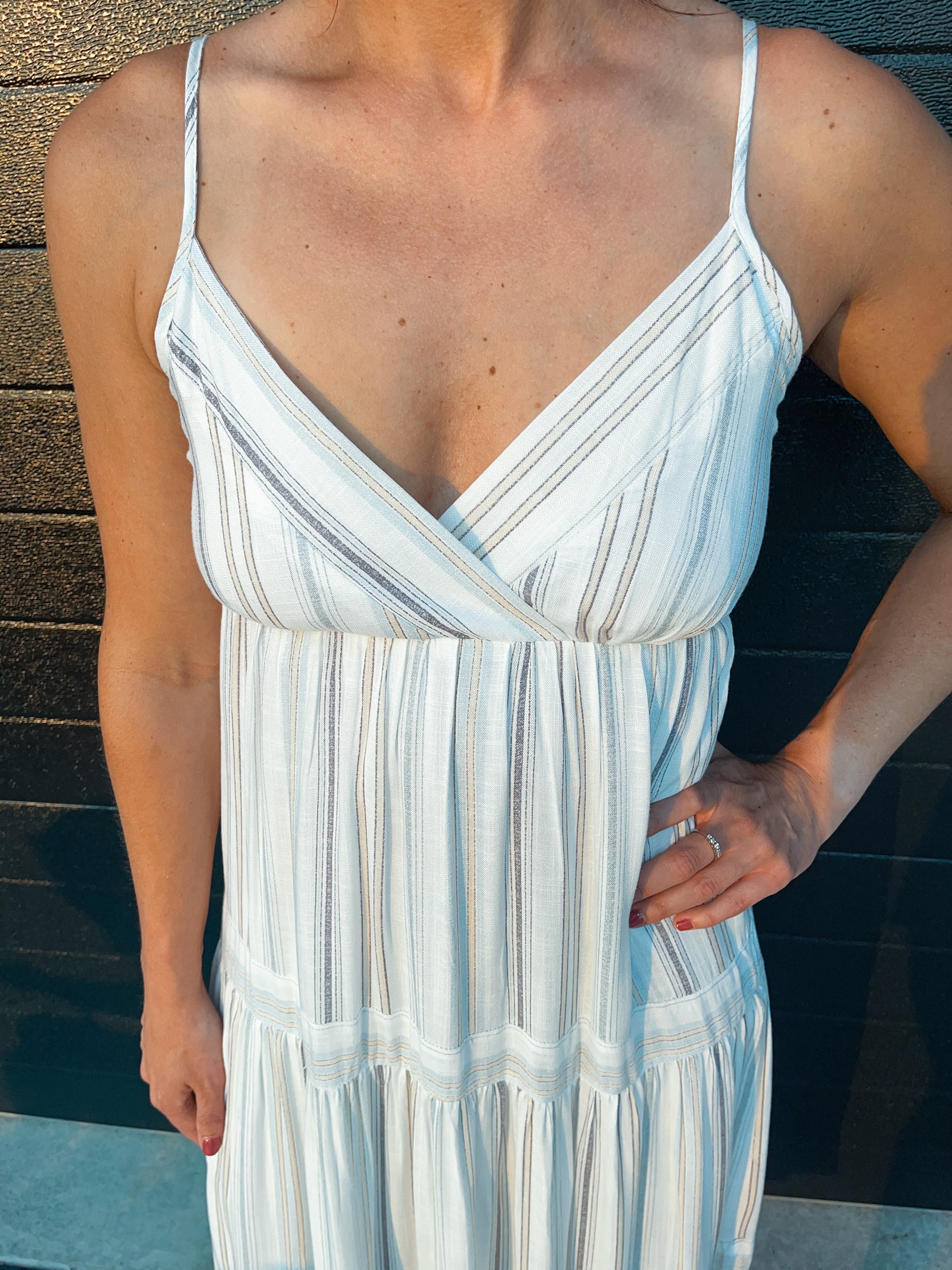 Striped Crossover Midi Dress - Ivory Multi
