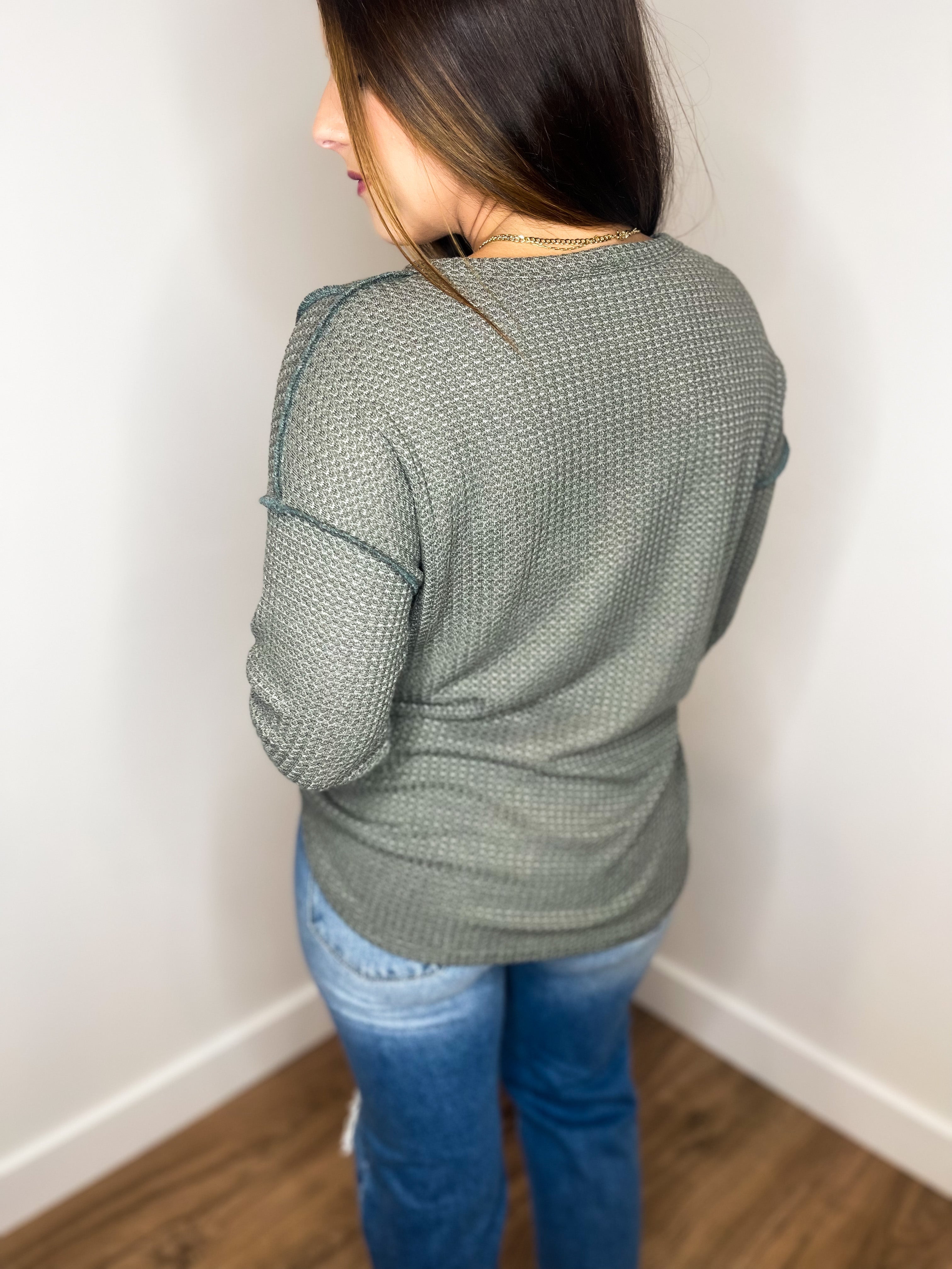 Kate Waffle Knit Button Top - Olive