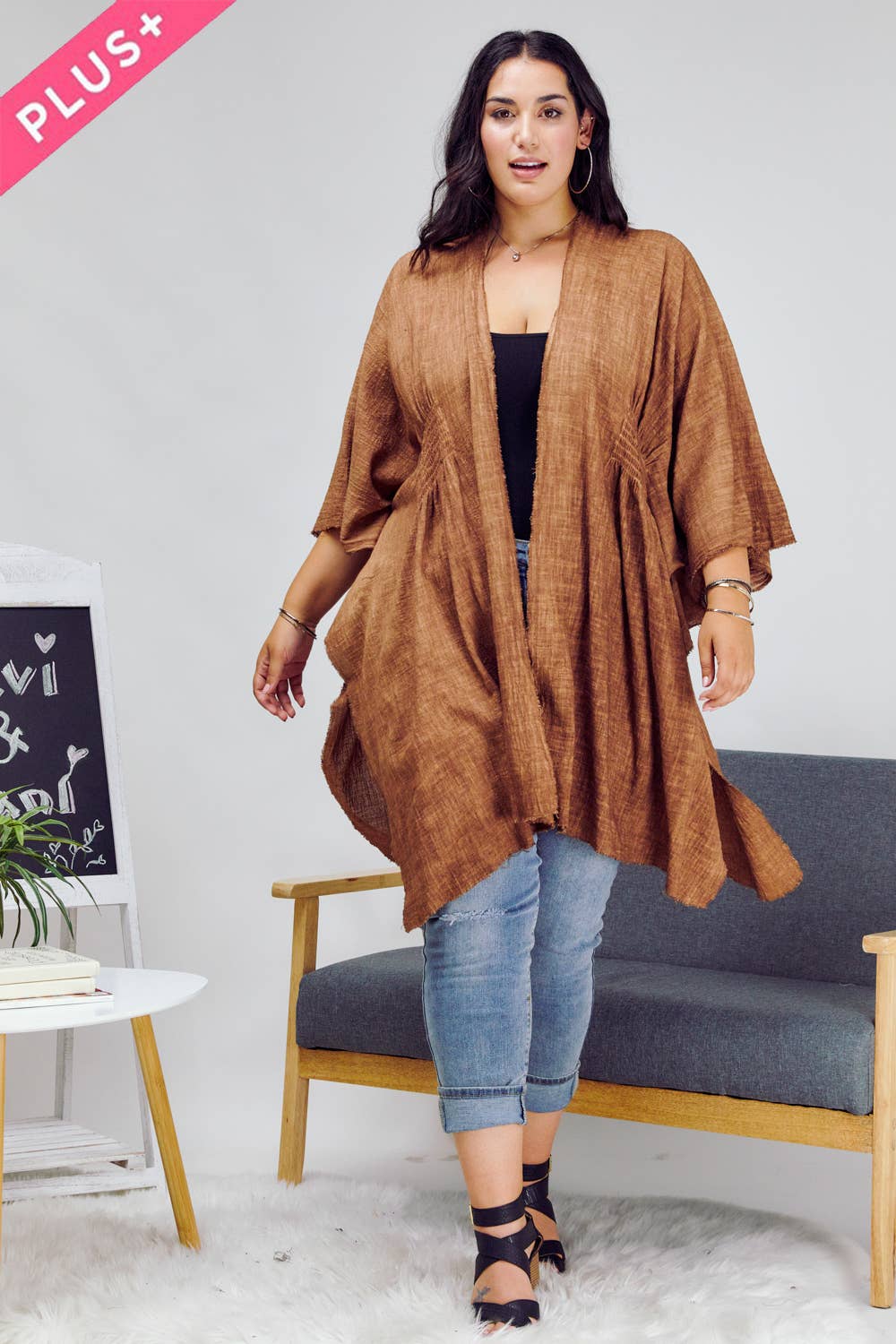 CURVY Sunglow Solid Smocked Loose Kimono - Light Camel