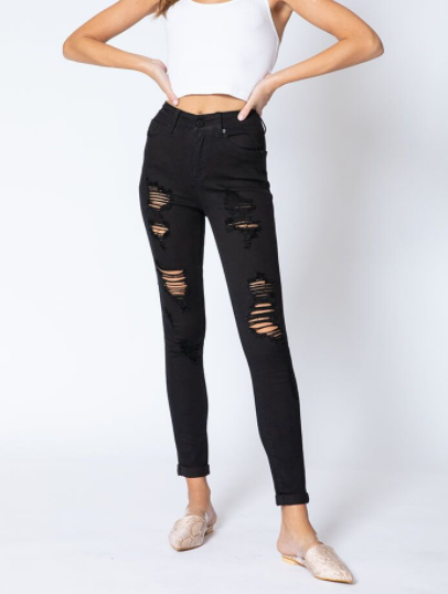 Gina High Rise Distressed Skinny Jeans - Black