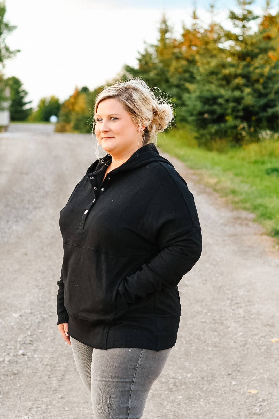 Heather Pocketed Henley Hoodie - Black