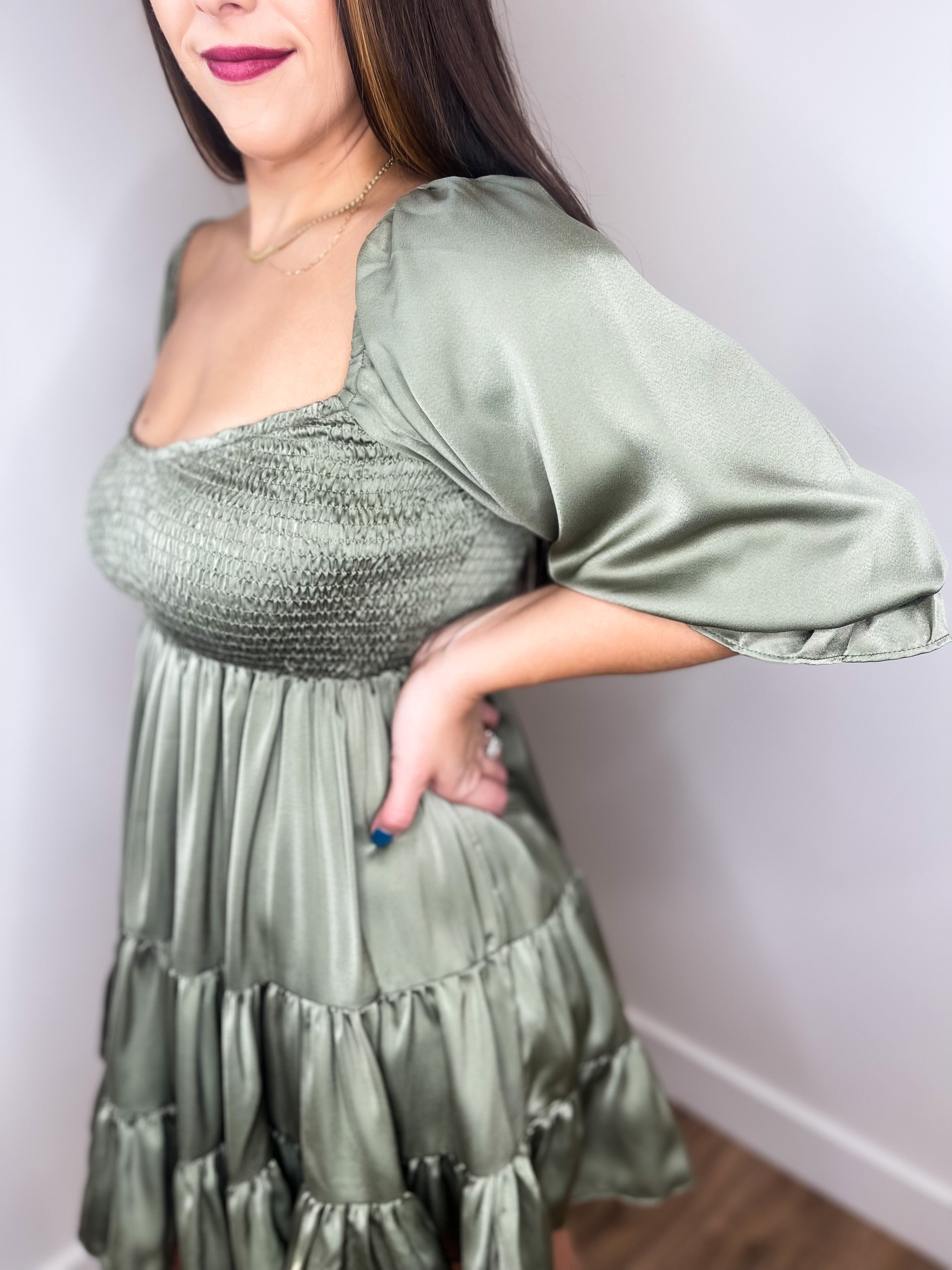 All Dolled Up Satin Baby Doll Dress - Olive