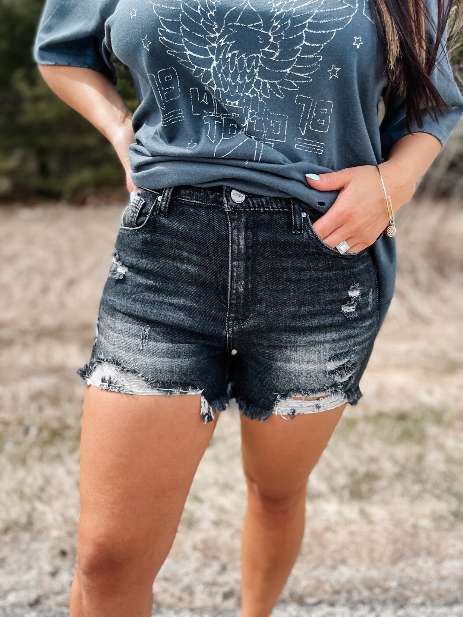 Easton High Rise Distressed Shorts - Faded Black Wash