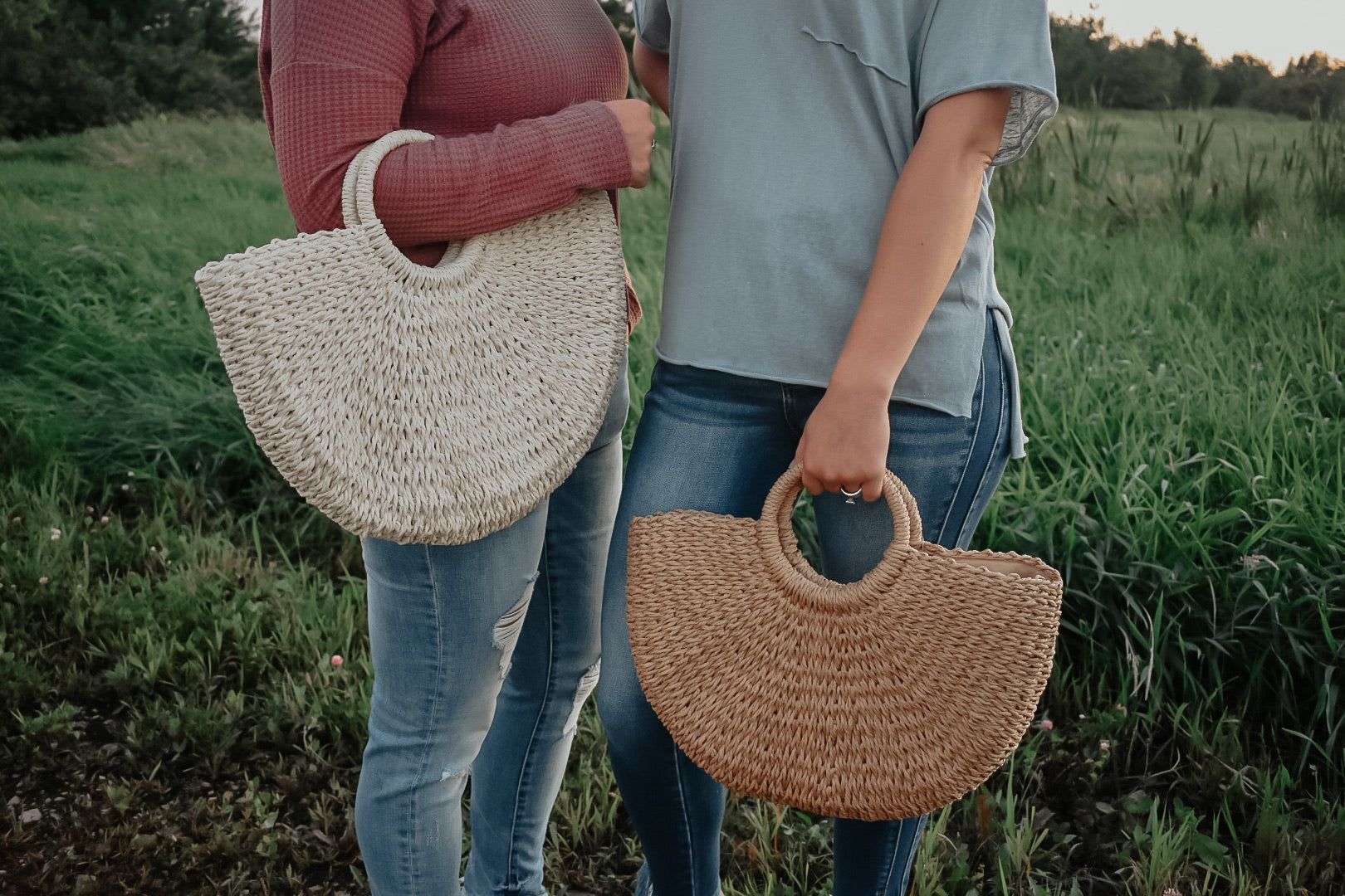 Woven Half Circle Tote Bag - Khaki