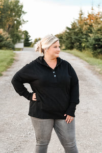 Heather Pocketed Henley Hoodie - Black