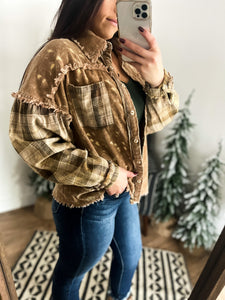 Vintage Washed Corduroy Button Up With Plaid and frayed hem detailing