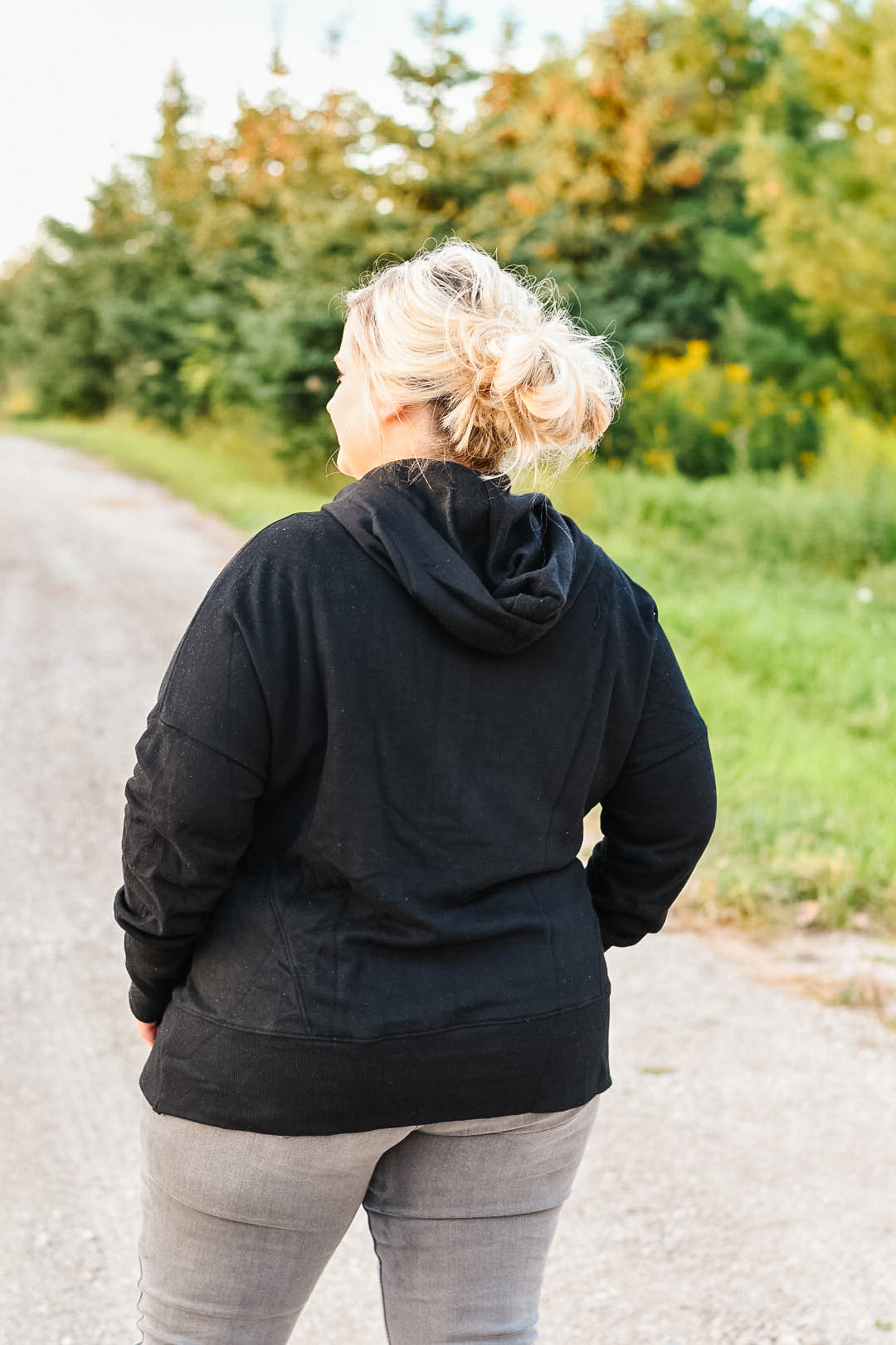 Heather Pocketed Henley Hoodie - Black