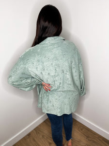 Distressed Oversized Button Up - Dusty Sage