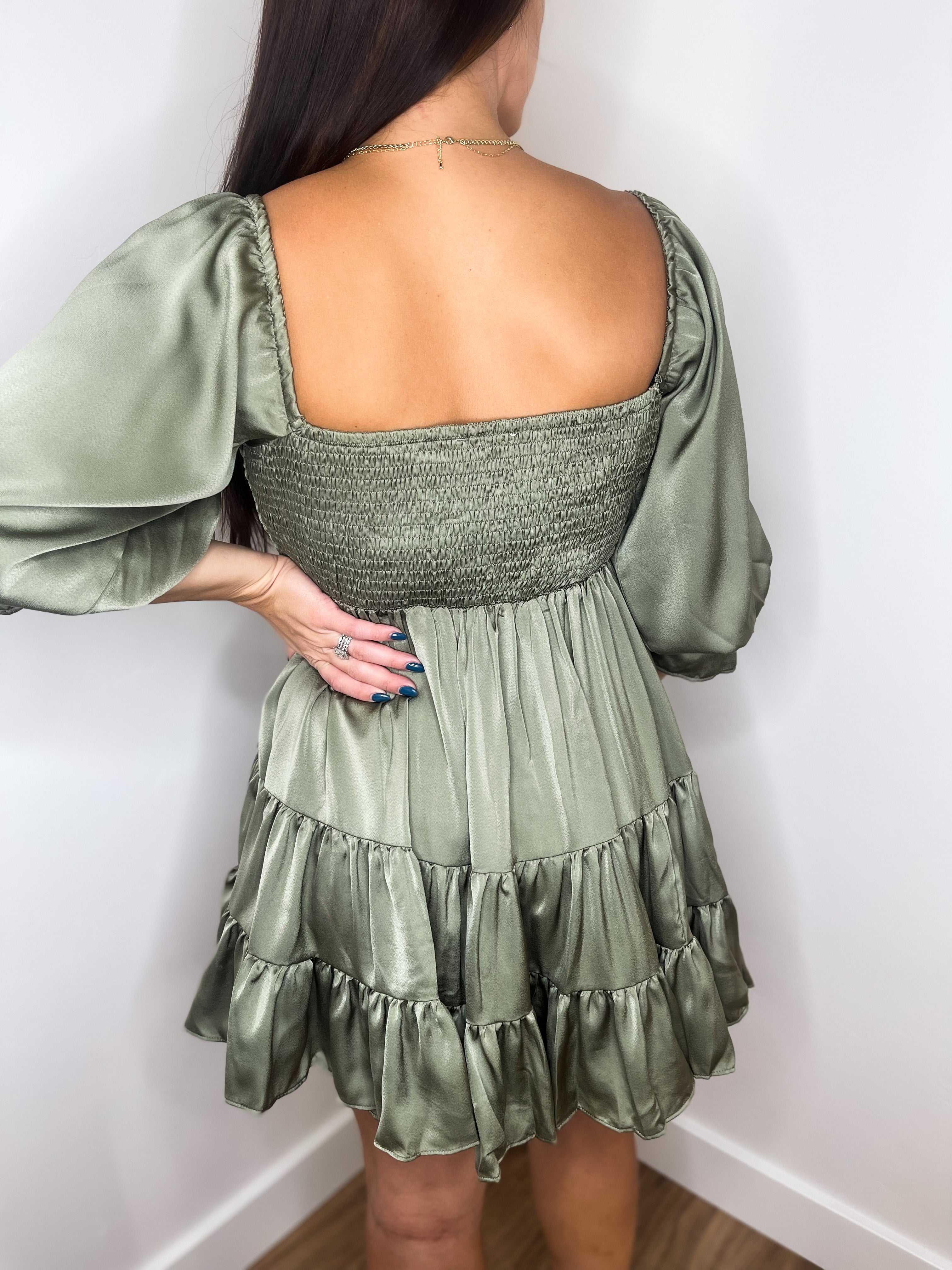 All Dolled Up Satin Baby Doll Dress - Olive