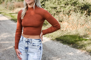 Piper Sweater Crop Top With Back Detail - Amber Brown