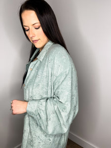 Distressed Oversized Button Up - Dusty Sage